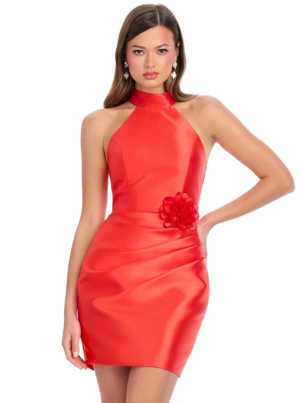 Red High-Neck Satin Mini Dress with Floral Waist Detail